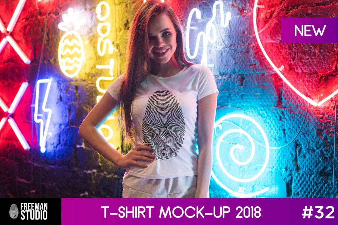 10款霓虹灯背景女士T恤半袖设计展示效果图PS贴图样机模板 T-Shirt Mock-Up 2018 #32 样机素材 sucaiwan.com