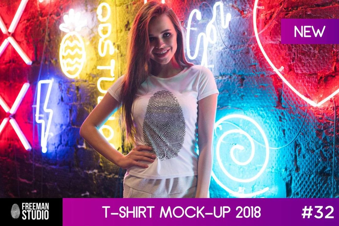 10款霓虹灯背景女士T恤半袖设计展示效果图PS贴图样机模板 T-Shirt Mock-Up 2018 #32 样机素材 sucaiwan.com