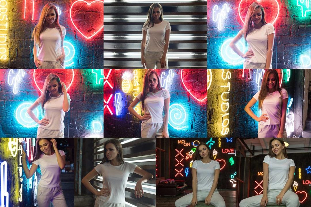 10款霓虹灯背景女士T恤半袖设计展示效果图PS贴图样机模板 T-Shirt Mock-Up 2018 #32 样机素材 sucaiwan.com