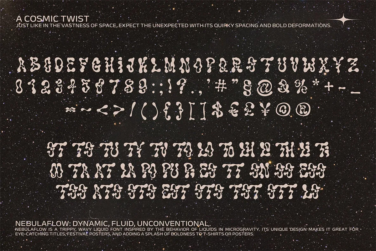 英文字体:复古趣味迷幻流体波浪微重力Y2K标题手写涂鸦排版装饰字体设计 The Nebula Flow Font 设计素材 第9张-素材湾丨精选海外优质设计素材资源 英文字体:复古趣味迷幻流体波浪微重力Y2K标题手写涂鸦排版装饰字体设计 The Nebula Flow Font 设计素材 sucaiwan.com