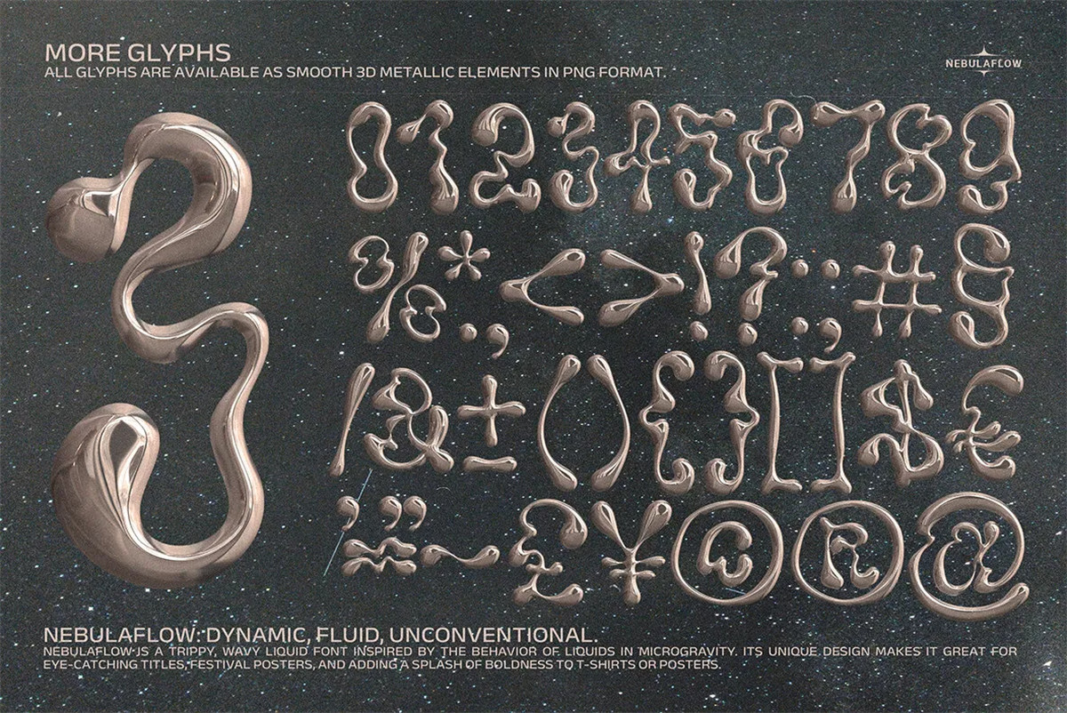 英文字体:复古趣味迷幻流体波浪微重力Y2K标题手写涂鸦排版装饰字体设计 The Nebula Flow Font 设计素材 第11张-素材湾丨精选海外优质设计素材资源 英文字体:复古趣味迷幻流体波浪微重力Y2K标题手写涂鸦排版装饰字体设计 The Nebula Flow Font 设计素材 sucaiwan.com
