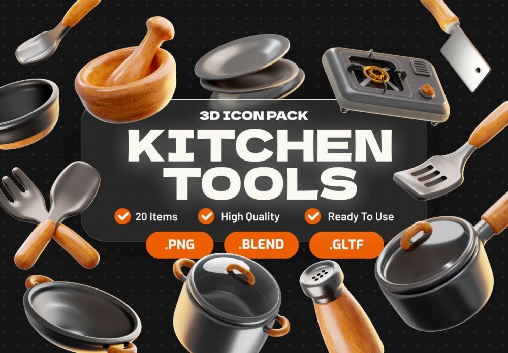 16款专业厨房烹饪刀具工具3D插图图标Icons设计Blender/PNG格式设计素材 Kitchen Tools 3D Icon 图标素材 sucaiwan.com
