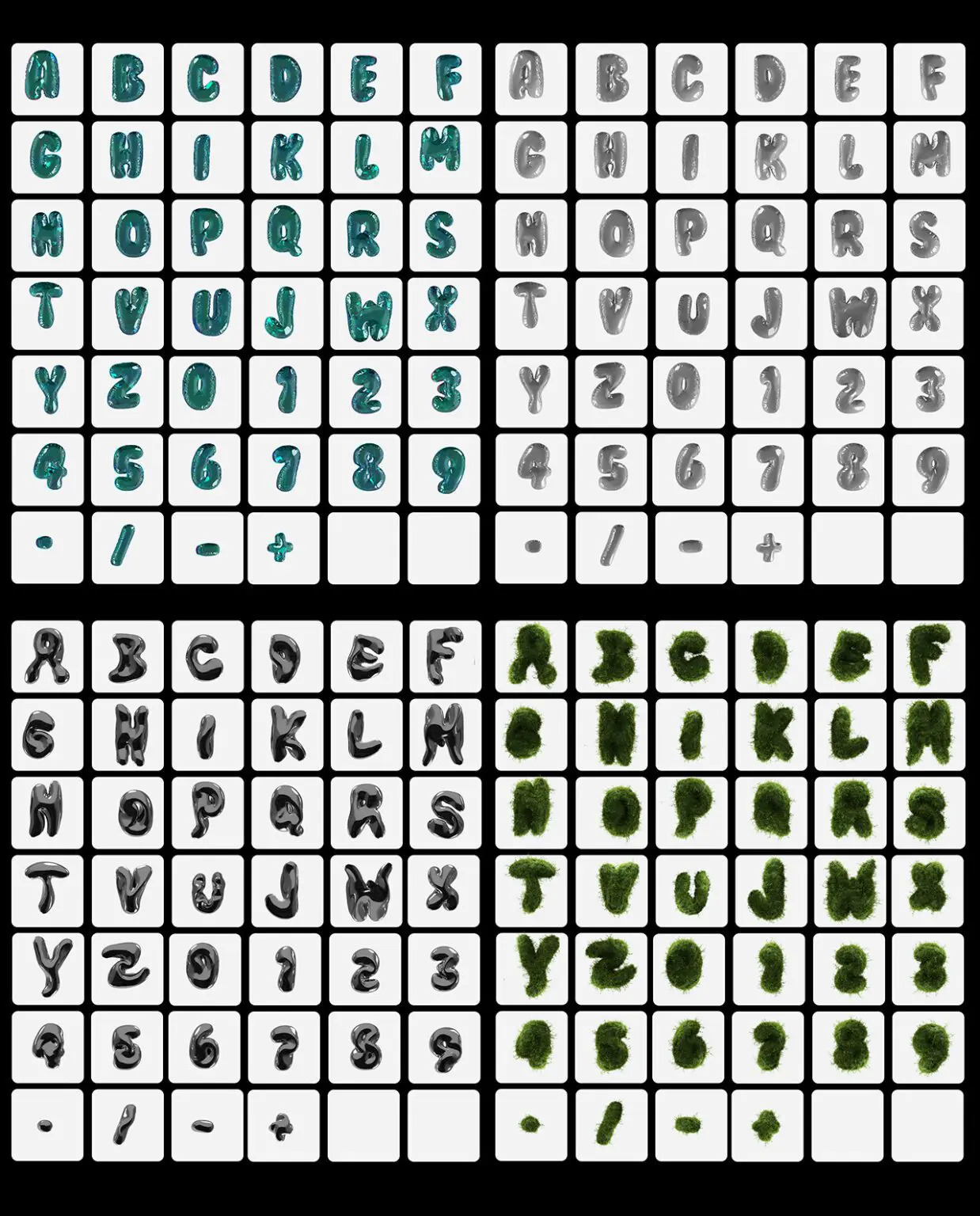 潮流前卫酸性3D立体视觉海报标题设计气泡气球英文字母数字符号PNG免抠图素材 Wobbly Bubbly Letters with 3D Style and 20 Variations 图片素材 sucaiwan.com