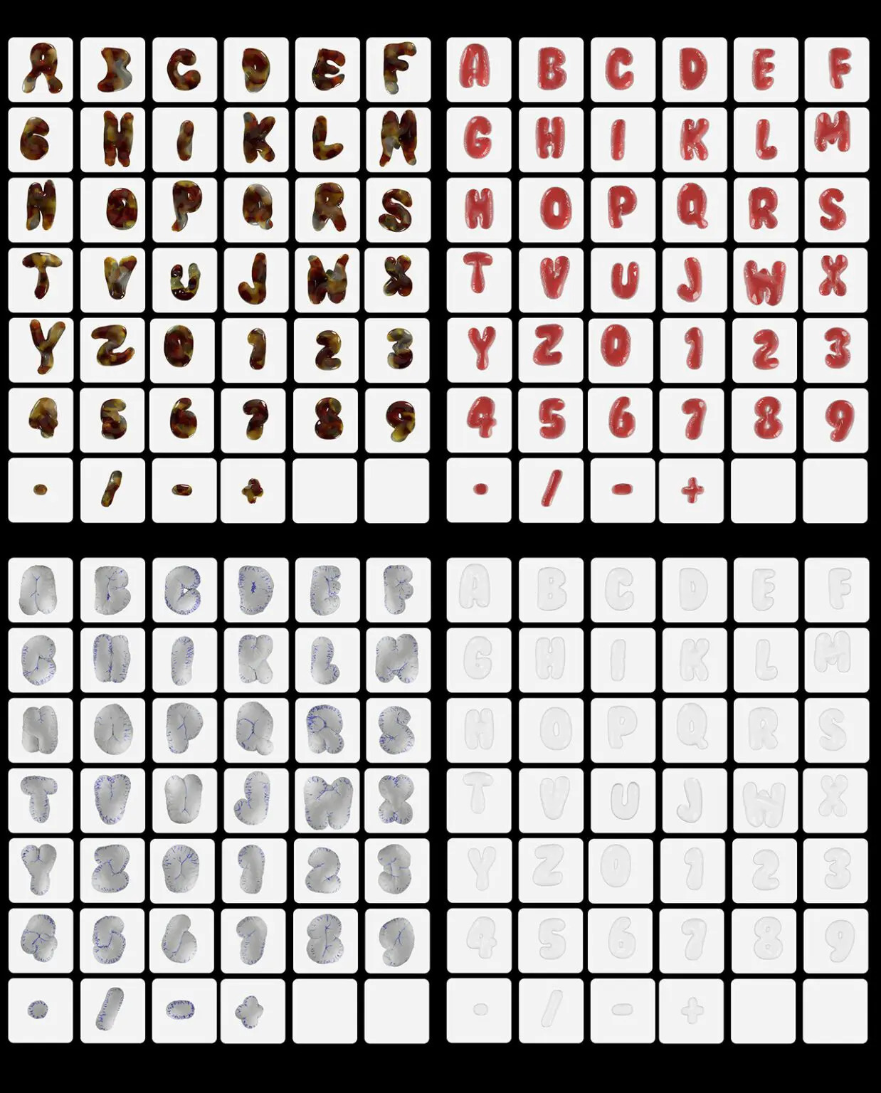 潮流前卫酸性3D立体视觉海报标题设计气泡气球英文字母数字符号PNG免抠图素材 Wobbly Bubbly Letters with 3D Style and 20 Variations 图片素材 sucaiwan.com