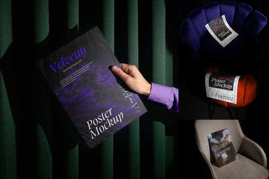 5款暗黑风格宣传单页海报招贴设计展示效果图PS智能贴图样机模板素材 Poster Mockups / Velvetty Series 样机素材 sucaiwan.com