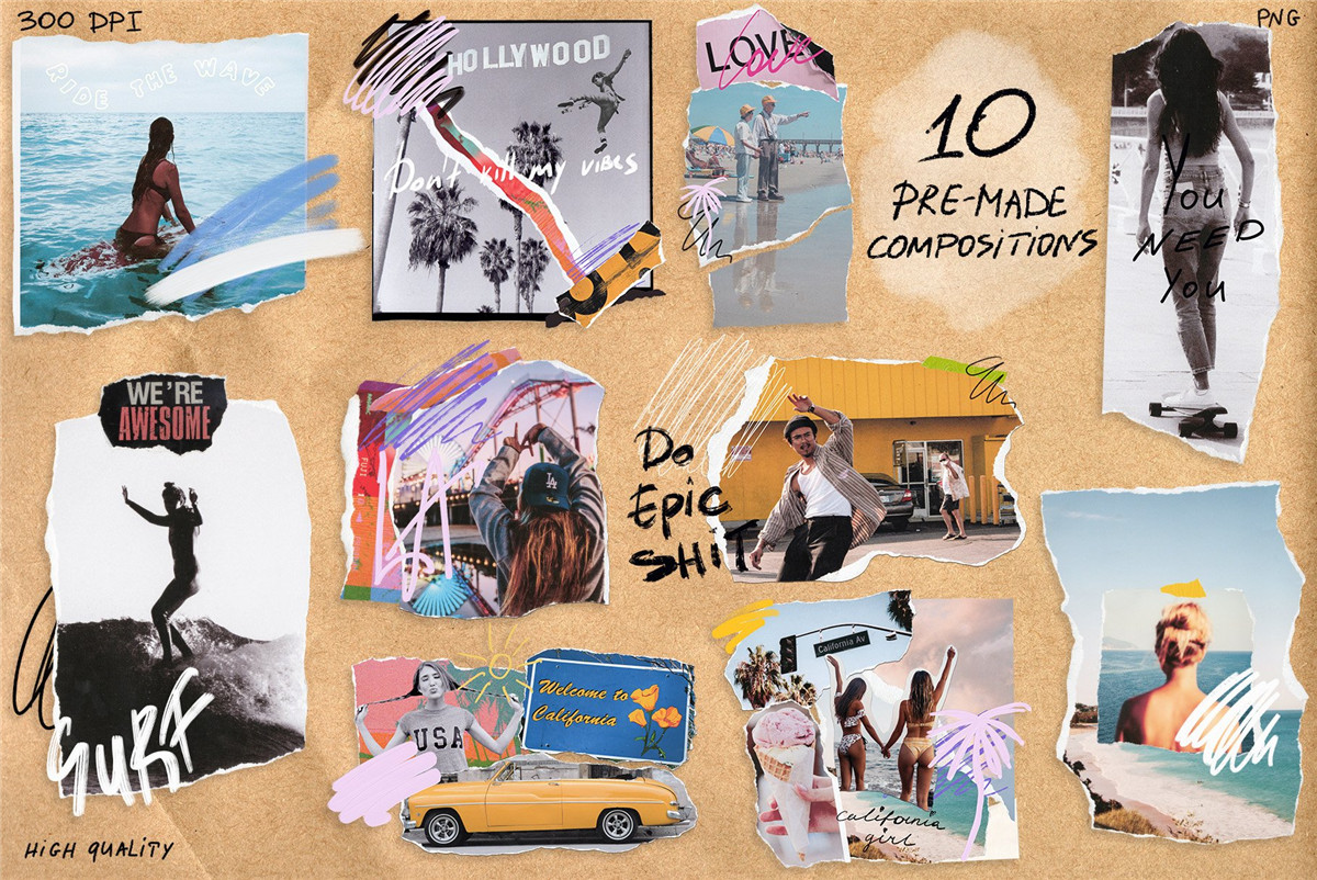 381个复古夏日涂鸦艺术拼贴手绘笔迹相框撕纸手账剪贴画纸张肌理PNG免扣混合设计套装 Cali Vibes Mixed Media Collage Set 图片素材 第4张-素材湾丨精选海外优质设计素材资源 381个复古夏日涂鸦艺术拼贴手绘笔迹相框撕纸手账剪贴画纸张肌理PNG免扣混合设计套装 Cali Vibes Mixed Media Collage Set 图片素材 sucaiwan.com
