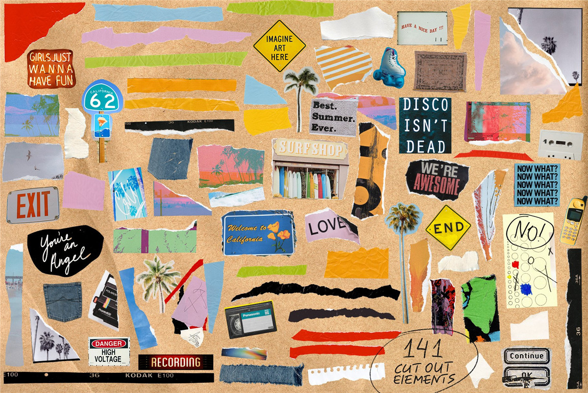 381个复古夏日涂鸦艺术拼贴手绘笔迹相框撕纸手账剪贴画纸张肌理PNG免扣混合设计套装 Cali Vibes Mixed Media Collage Set 图片素材 第7张-素材湾丨精选海外优质设计素材资源 381个复古夏日涂鸦艺术拼贴手绘笔迹相框撕纸手账剪贴画纸张肌理PNG免扣混合设计套装 Cali Vibes Mixed Media Collage Set 图片素材 sucaiwan.com