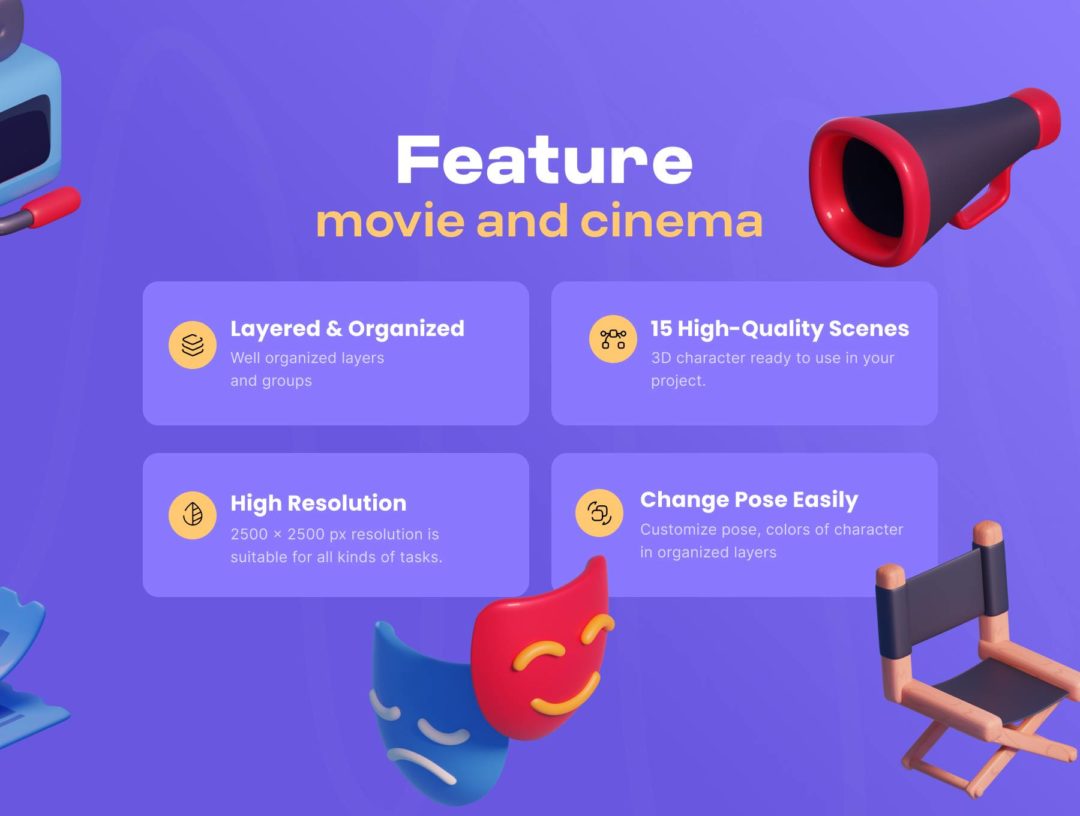 15款独特电影影院3D插图图标Icons设计Blender/PNG格式素材 Movie & Cinema 3D icon Pack 图标素材 sucaiwan.com