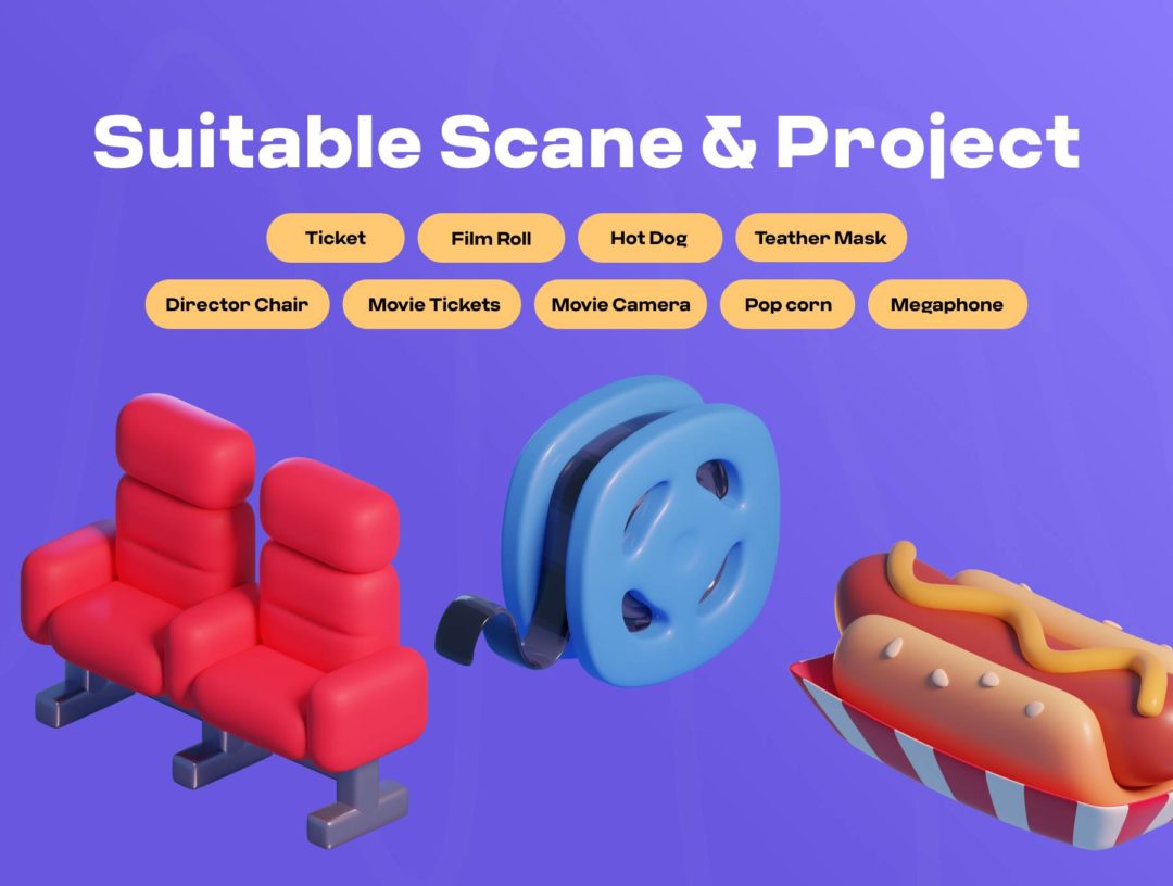 15款独特电影影院3D插图图标Icons设计Blender/PNG格式素材 Movie & Cinema 3D icon Pack 图标素材 sucaiwan.com