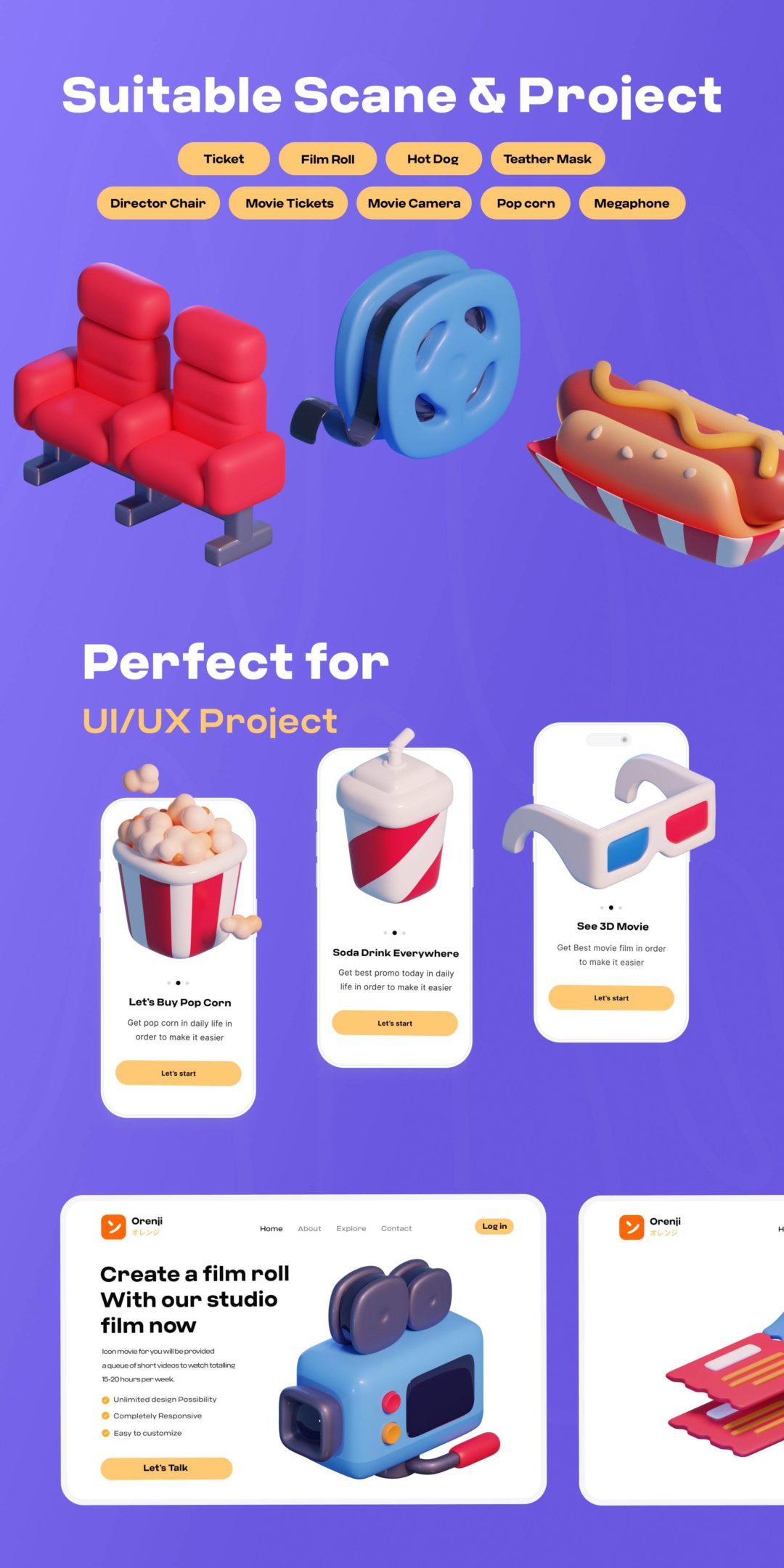 15款独特电影影院3D插图图标Icons设计Blender/PNG格式素材 Movie & Cinema 3D icon Pack 图标素材 sucaiwan.com