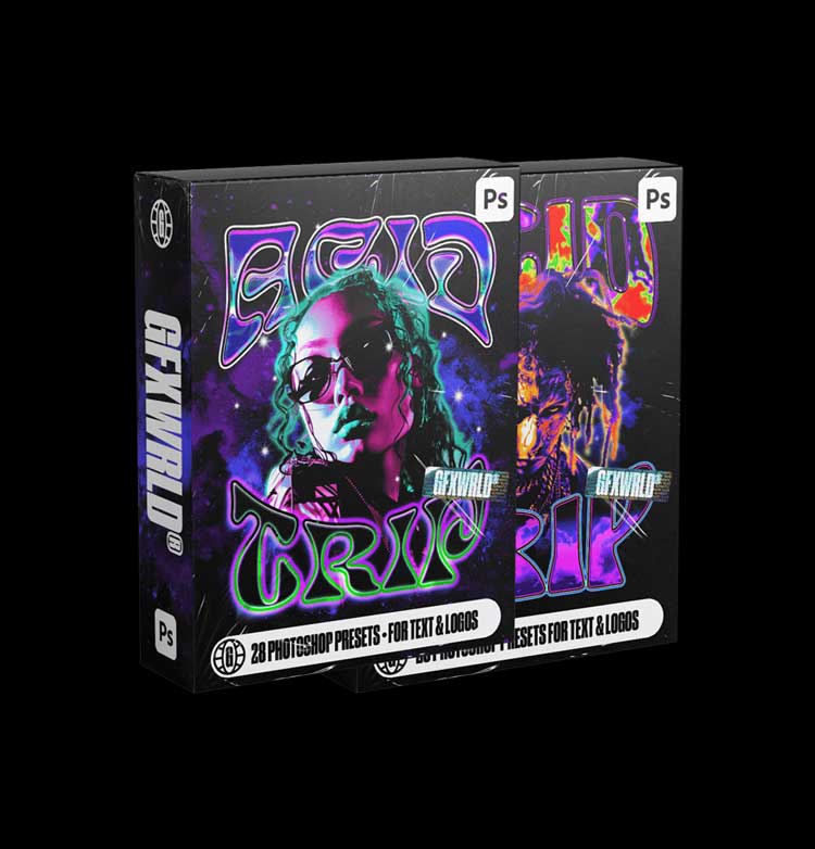 潮流酸性彩色金属镀铬3D立体文字标题LOGO设计PS文本样式模板 GFX WRLD - ACID TRIP TEXT STYLES 2-PACK 插件预设 第2张-素材湾丨精选海外优质设计素材资源 潮流酸性彩色金属镀铬3D立体文字标题LOGO设计PS文本样式模板 GFX WRLD - ACID TRIP TEXT STYLES 2-PACK 插件预设 sucaiwan.com