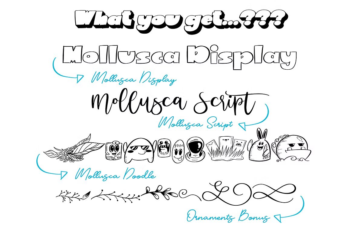 Mollusca Font Trio | Dingbats Doodle 复古漫画卡通设计/可爱壁纸/书籍封面/涂鸦字体 图片素材 sucaiwan.com