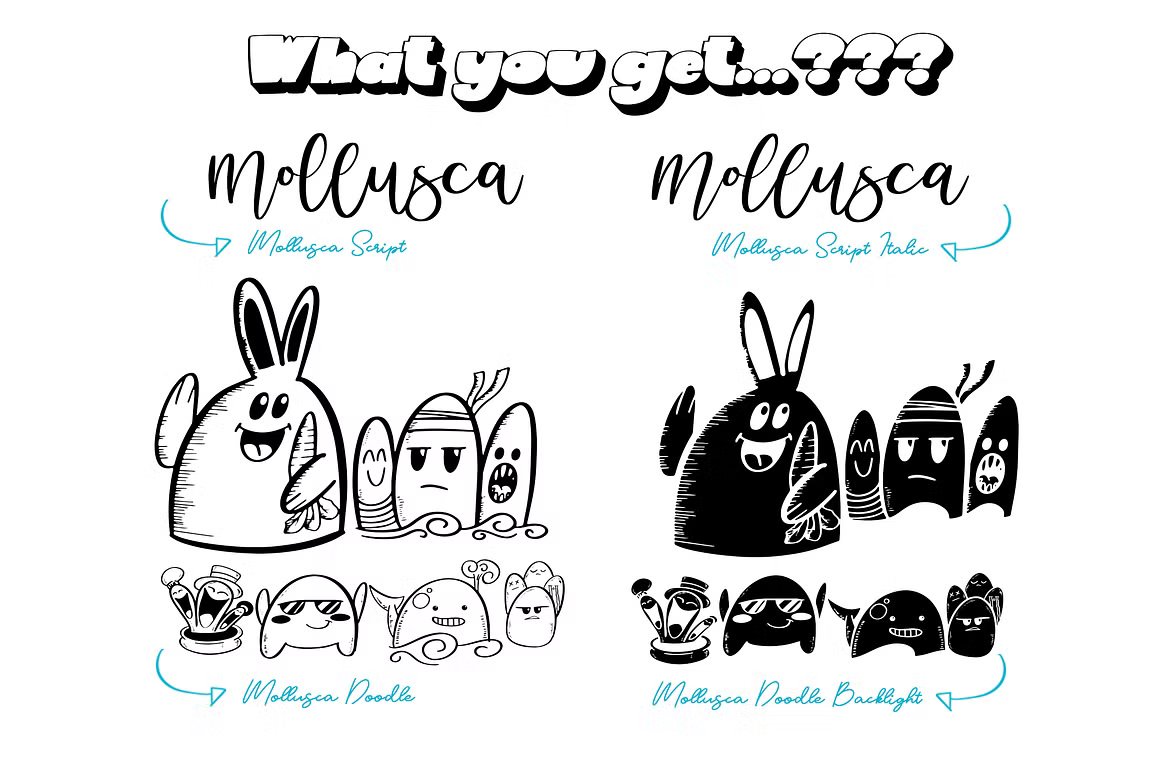 Mollusca Font Trio | Dingbats Doodle 复古漫画卡通设计/可爱壁纸/书籍封面/涂鸦字体 图片素材 sucaiwan.com