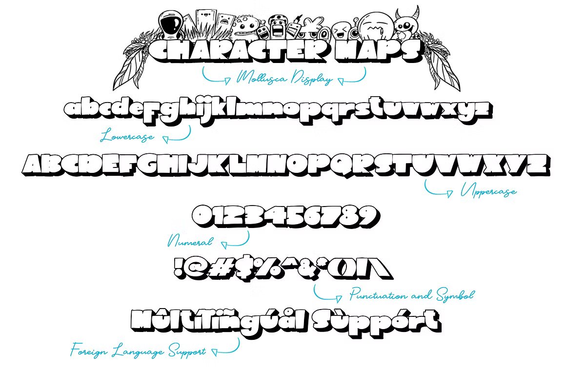 Mollusca Font Trio | Dingbats Doodle 复古漫画卡通设计/可爱壁纸/书籍封面/涂鸦字体 图片素材 sucaiwan.com