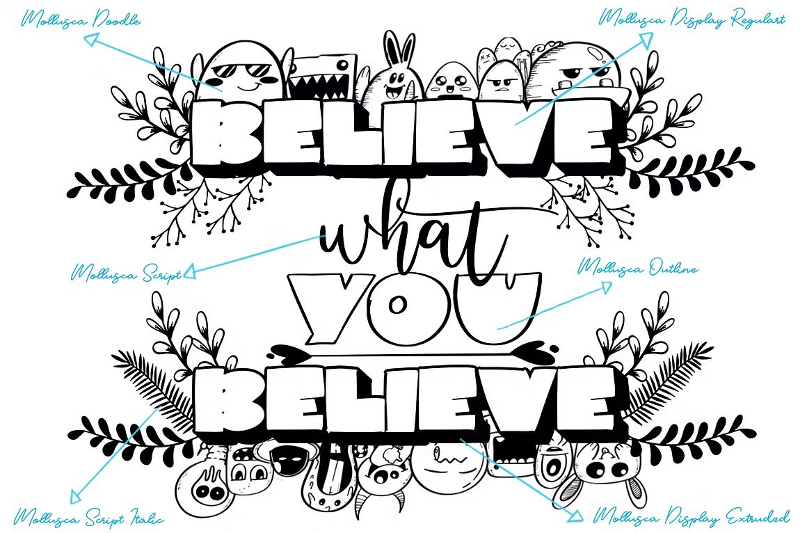 Mollusca Font Trio | Dingbats Doodle 复古漫画卡通设计/可爱壁纸/书籍封面/涂鸦字体 图片素材 sucaiwan.com