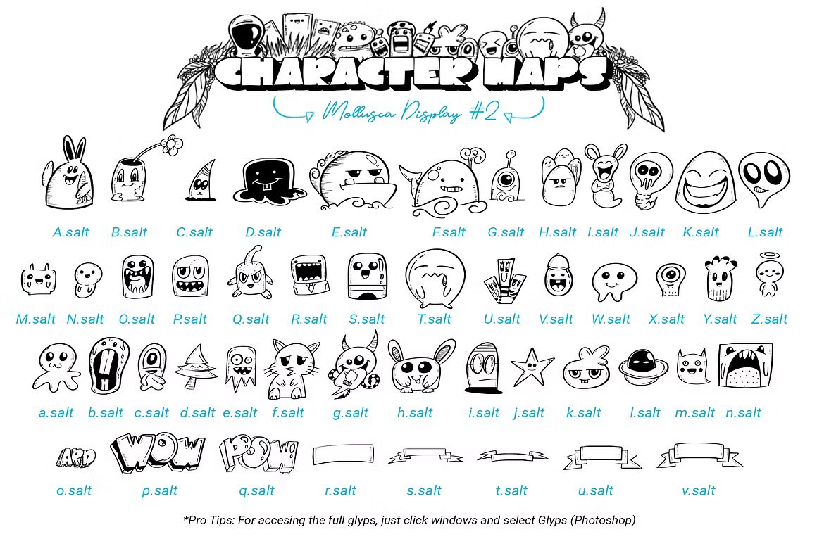 Mollusca Font Trio | Dingbats Doodle 复古漫画卡通设计/可爱壁纸/书籍封面/涂鸦字体 图片素材 sucaiwan.com