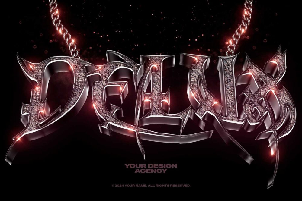 潮流嘻哈说唱风Y2K复古3D立体钻石金属Logo标题设计PS特效滤镜样机模板 Gothic Ornate Logo and Text Effect 插件预设 第1张-素材湾丨精选海外优质设计素材资源 潮流嘻哈说唱风Y2K复古3D立体钻石金属Logo标题设计PS特效滤镜样机模板 Gothic Ornate Logo and Text Effect 插件预设 sucaiwan.com