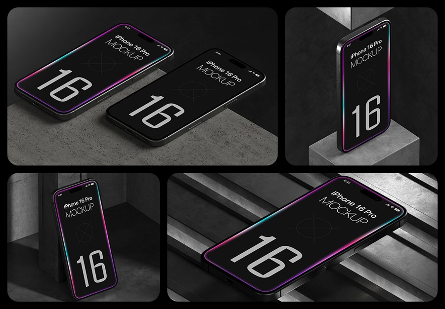 20款工业风APP UI界面设计苹果iPhone 16 Pro屏幕演示效果图PS贴图样机模板 20 iPhone 16 Pro Mockups Vol.01 样机素材 第1张-素材湾丨精选海外优质设计素材资源 20款工业风APP UI界面设计苹果iPhone 16 Pro屏幕演示效果图PS贴图样机模板 20 iPhone 16 Pro Mockups Vol.01 样机素材 sucaiwan.com