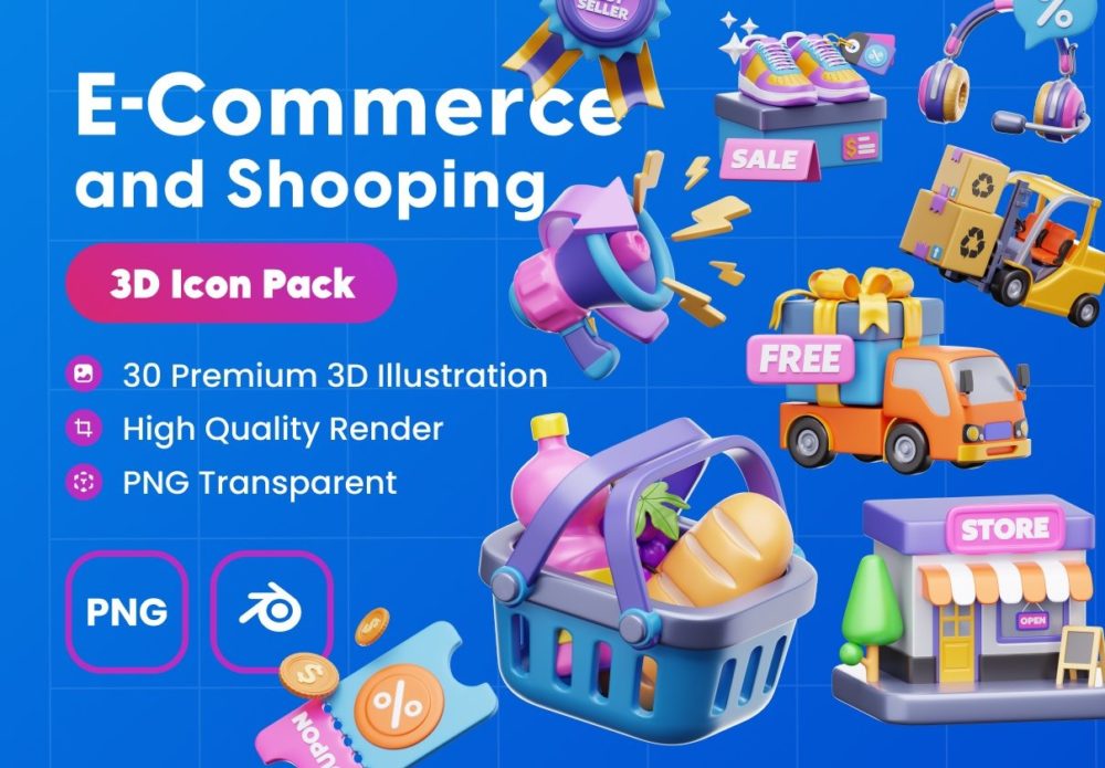 30款优质极简主义电商购物3D插图图标Icons设计Blender/PNG格式素材 E-Commerce 3D Illustrations 图标素材 sucaiwan.com