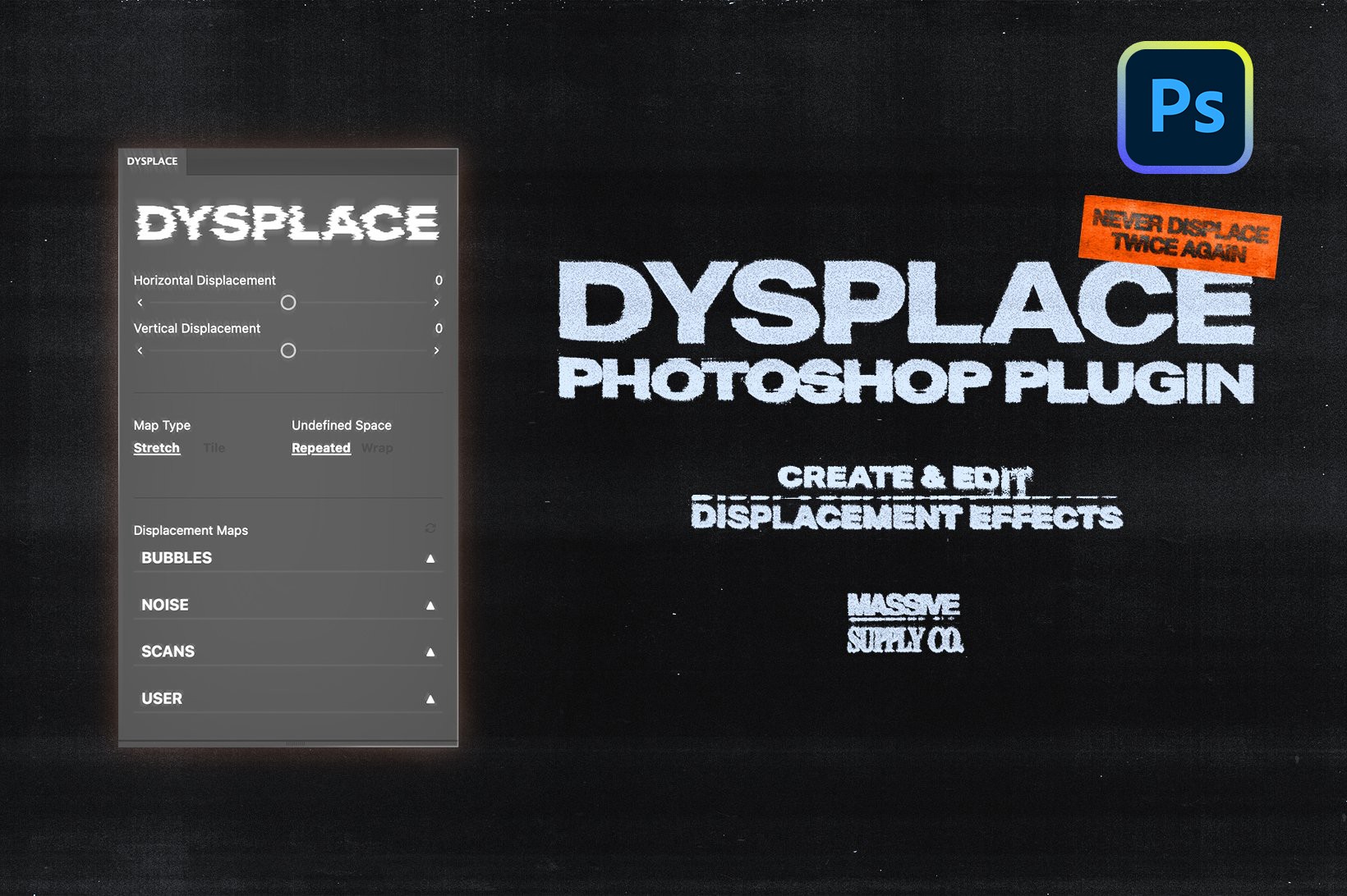 PS插件:一键生成复古抽象艺术海报/标题文字效果/扭曲/位移/气泡/扫描/噪点流体印刷置换特效 DYSPLACE - Displacement Photoshop Plugin 插件预设 第1张-素材湾丨精选海外优质设计素材资源 PS插件:一键生成复古抽象艺术海报/标题文字效果/扭曲/位移/气泡/扫描/噪点流体印刷置换特效 DYSPLACE - Displacement Photoshop Plugin 插件预设 sucaiwan.com