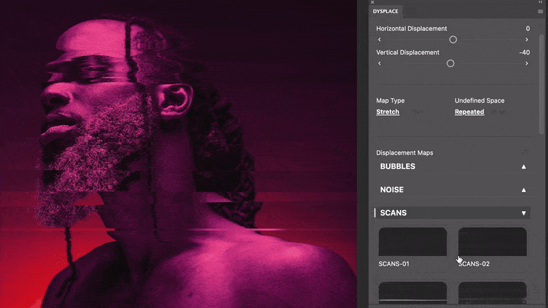 PS插件:一键生成复古抽象艺术海报/标题文字效果/扭曲/位移/气泡/扫描/噪点流体印刷置换特效 DYSPLACE - Displacement Photoshop Plugin 插件预设 第4张-素材湾丨精选海外优质设计素材资源 PS插件:一键生成复古抽象艺术海报/标题文字效果/扭曲/位移/气泡/扫描/噪点流体印刷置换特效 DYSPLACE - Displacement Photoshop Plugin 插件预设 sucaiwan.com