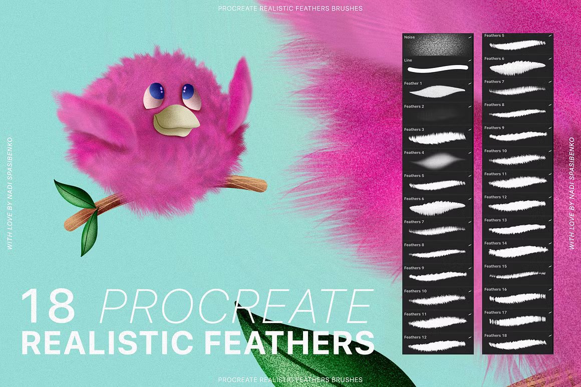 Procreate Realistic Feather Brushes 18个逼真的动物羽化Procreate笔刷 笔刷资源 sucaiwan.com
