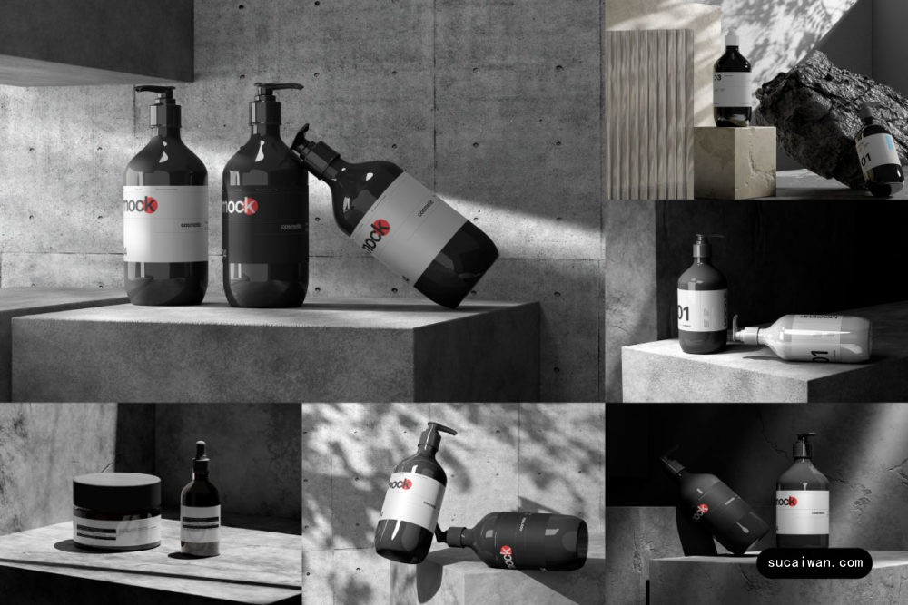 8款高级工业风化妆护肤品按压泵瓶滴管瓶设计展示效果图PS贴图样机模板 East Graphics – Cosmetic Bottle Mockup Vol 1 样机素材 sucaiwan.com