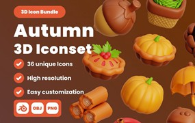 36款优质秋季松鼠松果坚果农作物3D图标Icons设计Blender/PNG/OBJ格式素材 Autumn 3D Illustration Pack