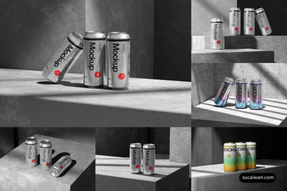 6款工业风混凝土背景听装啤酒饮料苏打水易拉罐金属罐设计展示效果图PSD样机模板 East Graphics – Aluminum Beverage Can Mockup Vol 1 样机素材 第1张-素材湾丨精选海外优质设计素材资源 6款工业风混凝土背景听装啤酒饮料苏打水易拉罐金属罐设计展示效果图PSD样机模板 East Graphics – Aluminum Beverage Can Mockup Vol 1 样机素材 sucaiwan.com