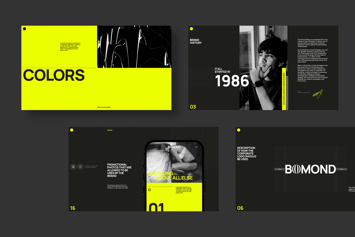 21页高级黑化风设计摄影作品集品牌营销简历幻灯片设计Figma模板素材 Bomond Presentation Guideline Kit 幻灯图表 sucaiwan.com