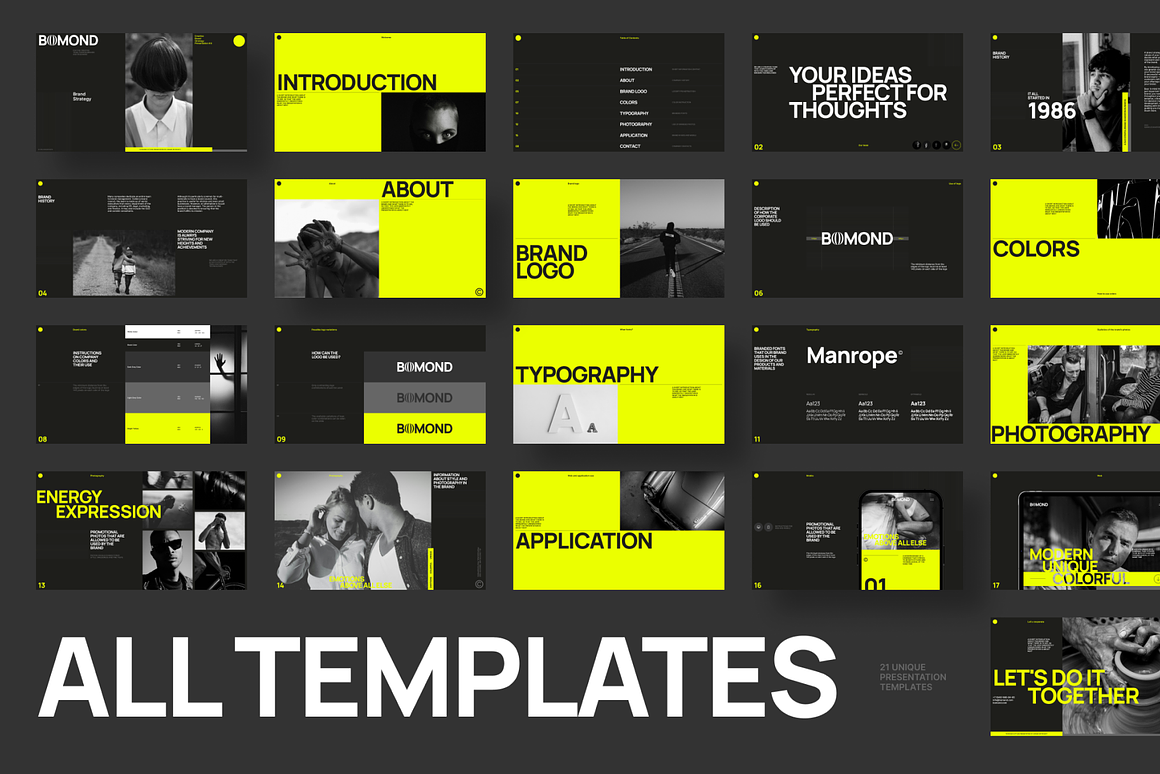 21页高级黑化风设计摄影作品集品牌营销简历幻灯片设计Figma模板素材 Bomond Presentation Guideline Kit 幻灯图表 sucaiwan.com