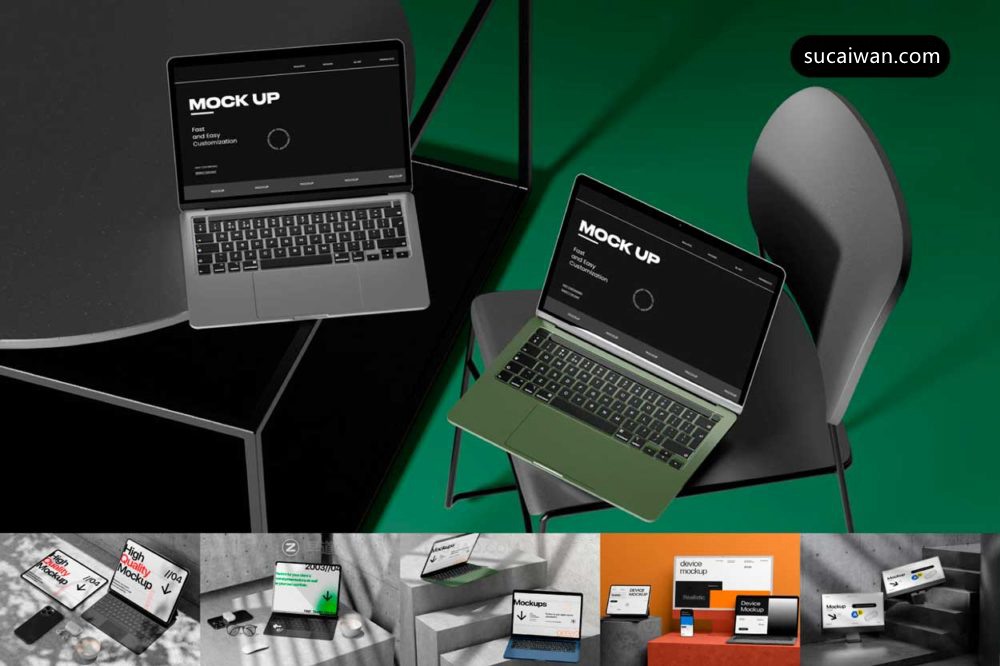 9款工业风网页作品集展示苹果MacBook笔记本iPad平板iMac一体机Ps贴图样机模板 East Graphics – Minimalistic Laptop Mockup Vol 1 样机素材 sucaiwan.com