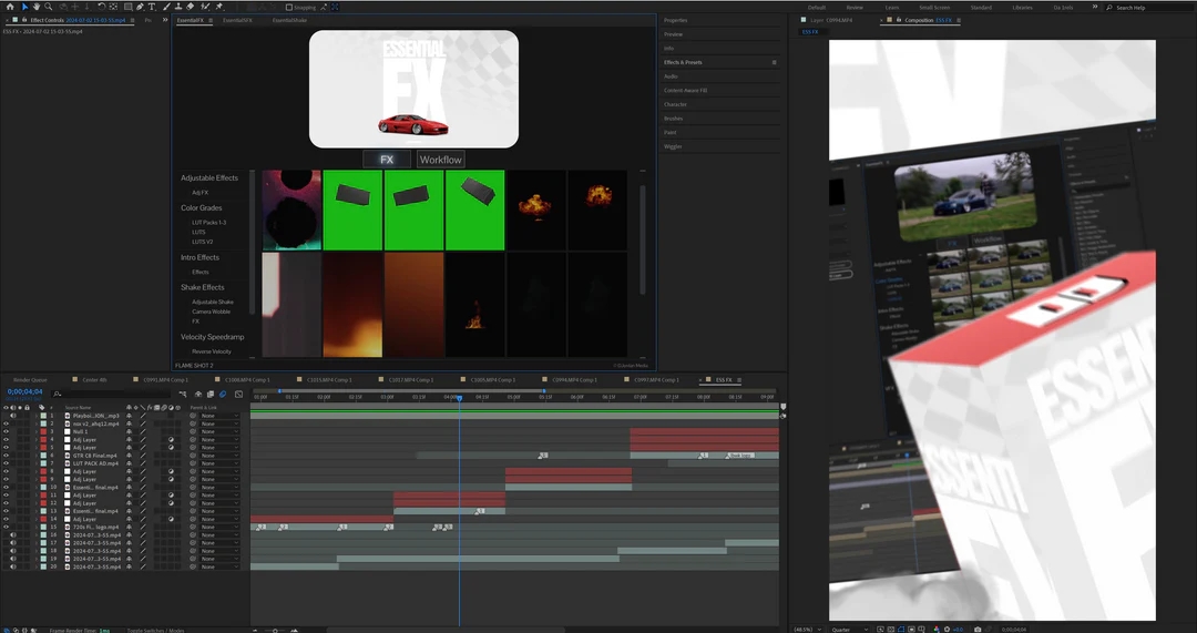 AE插件：终极一键生成汽车游戏漫剪镜头画面剪辑特效预设叠加LUT调色摇晃变速视觉效果终极插件包 EssentialFX by DjordanMedia 插件预设 sucaiwan.com