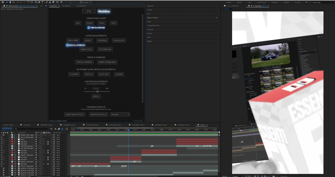 AE插件：终极一键生成汽车游戏漫剪镜头画面剪辑特效预设叠加LUT调色摇晃变速视觉效果终极插件包 EssentialFX by DjordanMedia 插件预设 sucaiwan.com