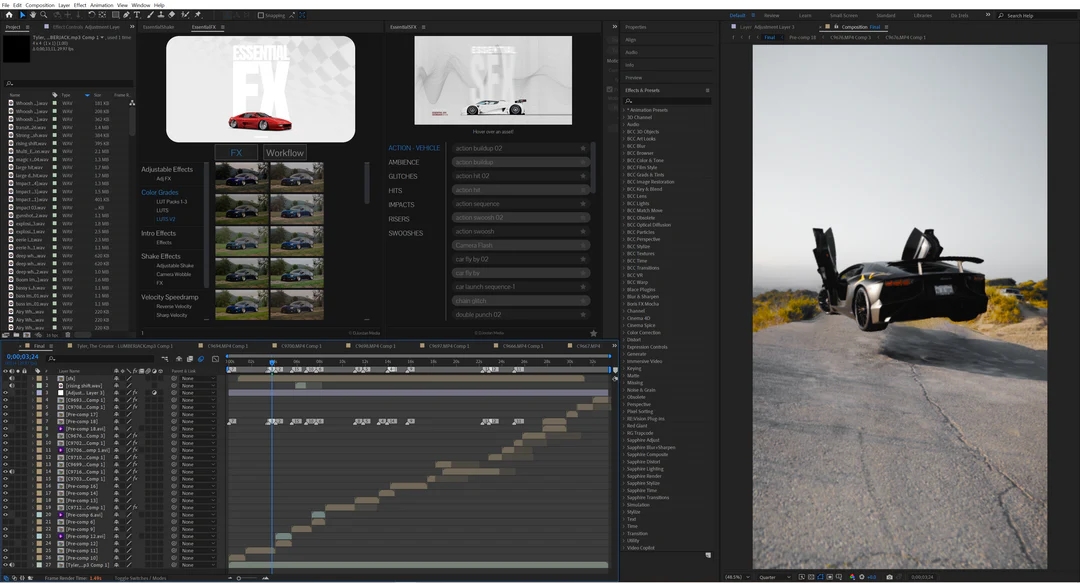 AE插件：终极一键生成汽车游戏漫剪镜头画面剪辑特效预设叠加LUT调色摇晃变速视觉效果终极插件包 EssentialFX by DjordanMedia 插件预设 sucaiwan.com