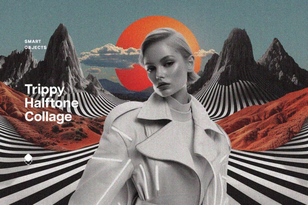 70年代复古蒸汽波风格VHS模拟半色调老式照片效果PS特效滤镜样机模板 Trippy Halftone Collage Effect 插件预设 sucaiwan.com