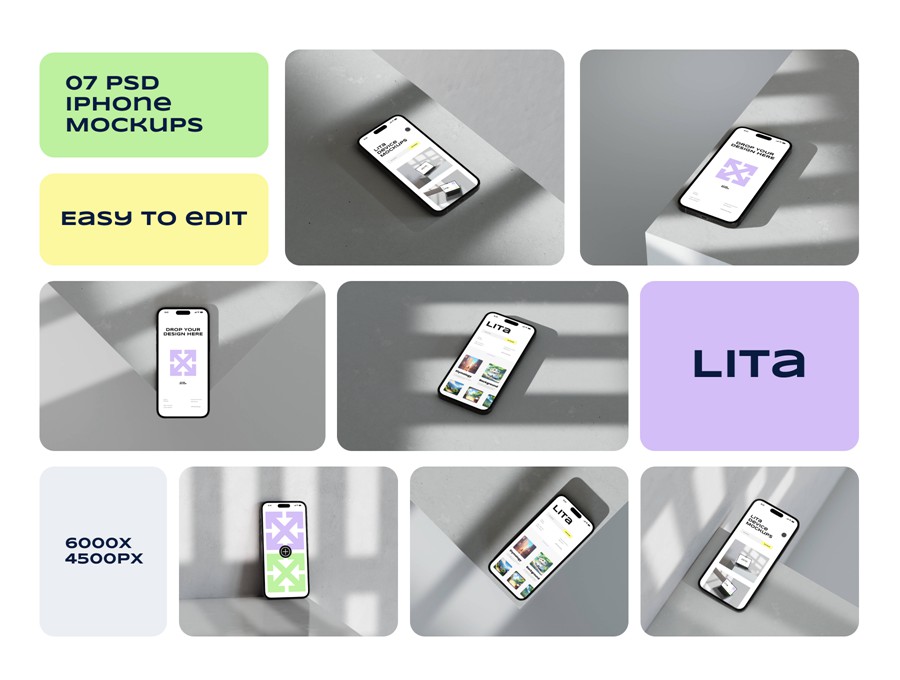 7款时尚工业风苹果iPhone 15 Pro屏幕演示效果图Ps贴图样机模板素材 Lita iPhone Mockups 样机素材 sucaiwan.com