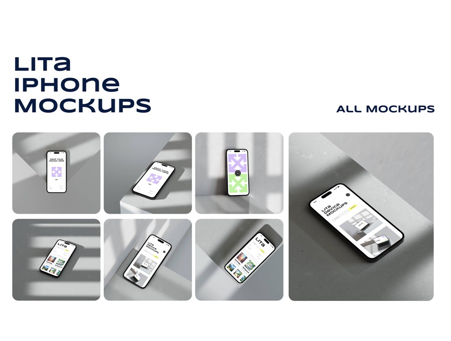 7款时尚工业风苹果iPhone 15 Pro屏幕演示效果图Ps贴图样机模板素材 Lita iPhone Mockups 样机素材 sucaiwan.com