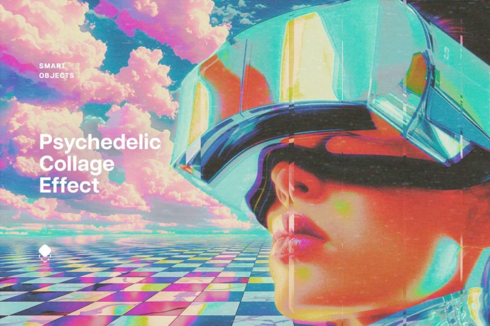 迷幻复古蒸汽波风格老式照片效果PS特效滤镜样机 Psychedelic Collage Photo Effect 插件预设 sucaiwan.com