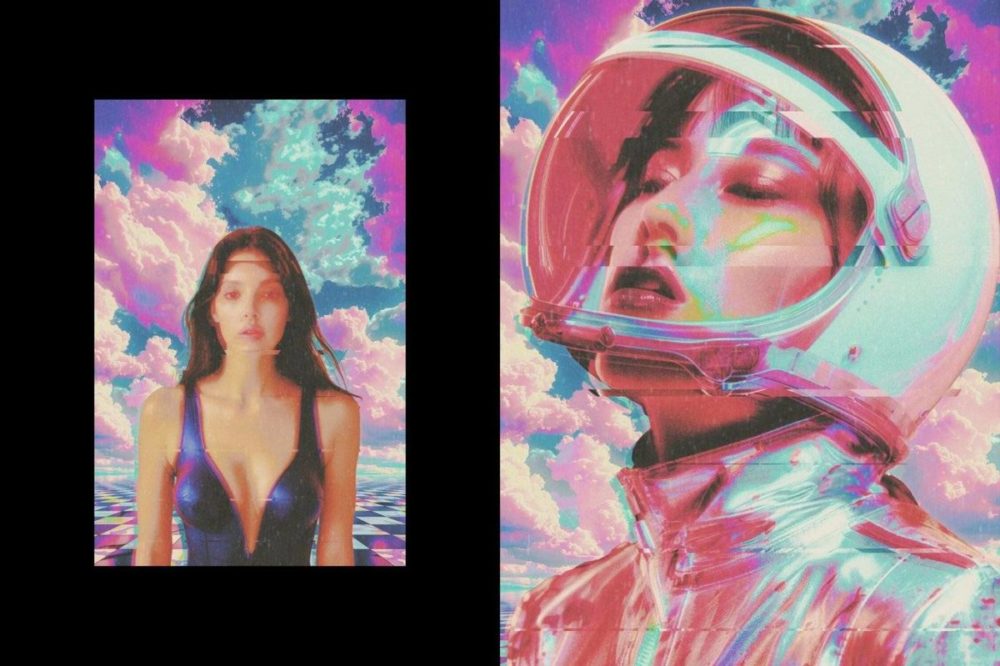 迷幻复古蒸汽波风格老式照片效果PS特效滤镜样机 Psychedelic Collage Photo Effect 插件预设 sucaiwan.com