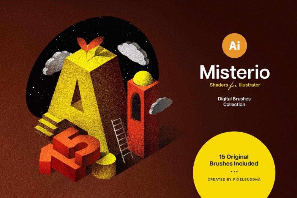 15款时尚颗粒噪点数字艺术绘画效果AI矢量笔刷设计素材 Misterio Shader Illustrator Brushes 笔刷资源 sucaiwan.com