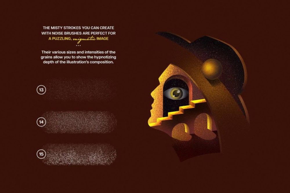 15款时尚颗粒噪点数字艺术绘画效果AI矢量笔刷设计素材 Misterio Shader Illustrator Brushes 笔刷资源 sucaiwan.com