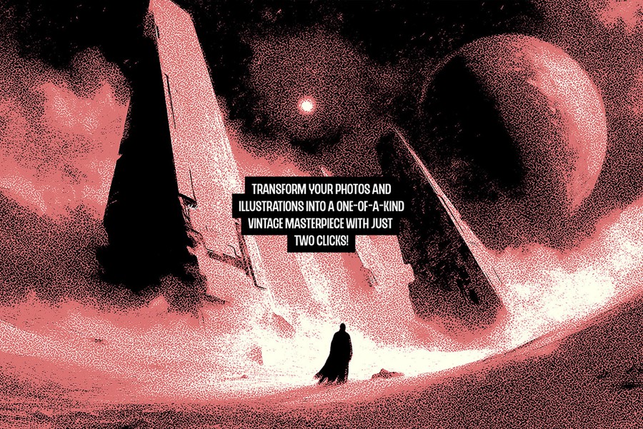 复古做旧单色前卫艺术颗粒噪点肌理漫画照片效果Ps特效样机素材 Retro Shader Photo Effect 插件预设 sucaiwan.com