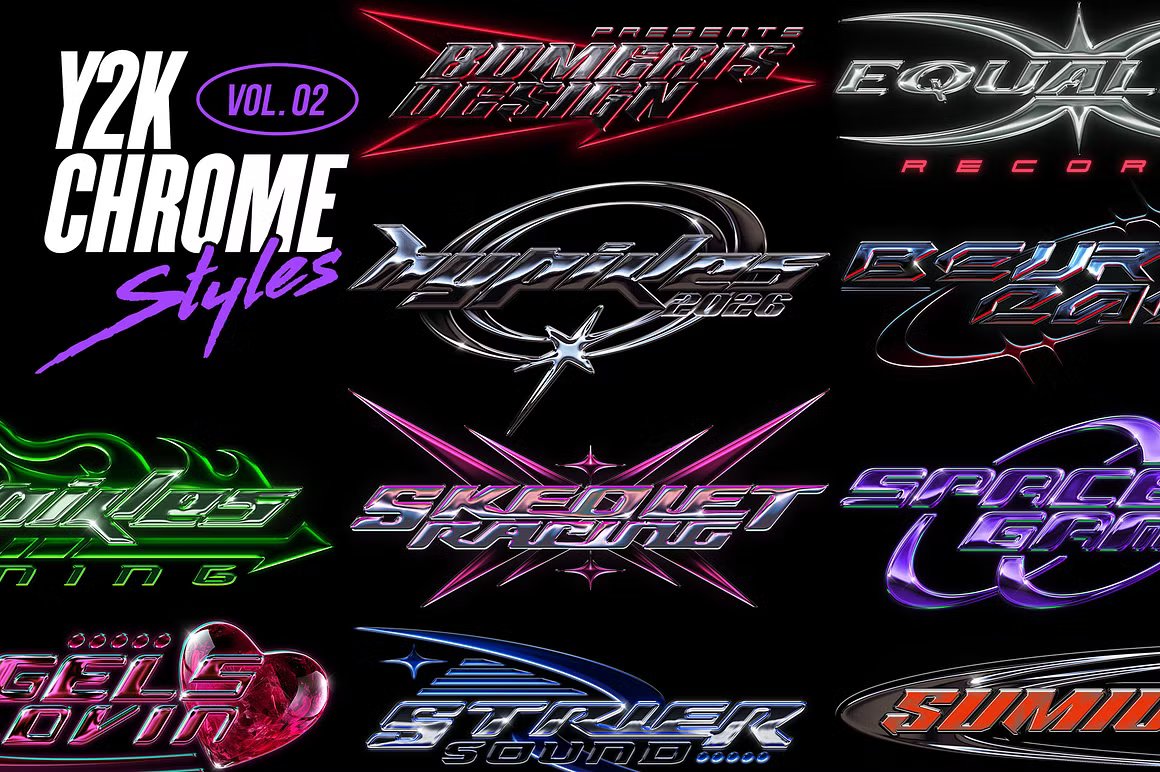 复古Y2K千禧年美学金属质感3D酸性镀铬LOGO形状标题文字特效样机PSD源文件Y2K Chrome Text Effects Vol.2 插件预设 第1张-素材湾丨精选海外优质设计素材资源 复古Y2K千禧年美学金属质感3D酸性镀铬LOGO形状标题文字特效样机PSD源文件Y2K Chrome Text Effects Vol.2 插件预设 sucaiwan.com