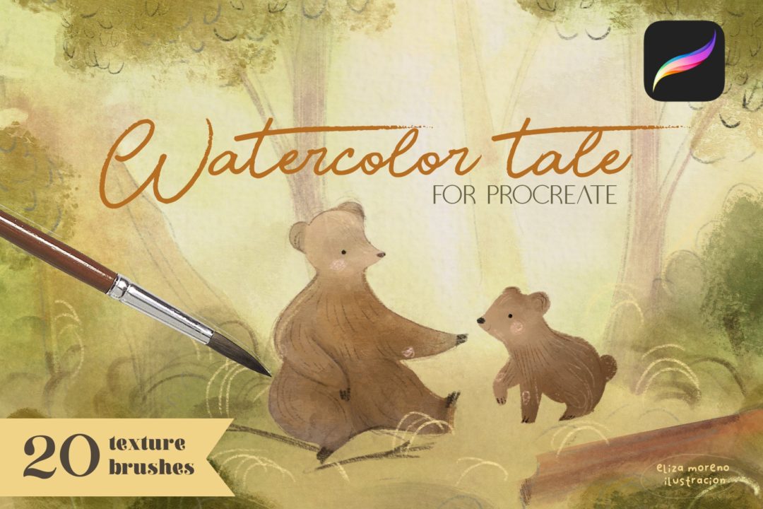 20款卡通儿童插图风格水彩绘画iPad Procreate笔刷设计素材 Watercolor Tale Brushes for Procreate 笔刷资源 sucaiwan.com