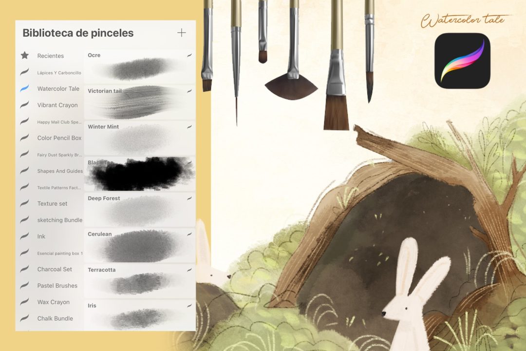 20款卡通儿童插图风格水彩绘画iPad Procreate笔刷设计素材 Watercolor Tale Brushes for Procreate 笔刷资源 sucaiwan.com
