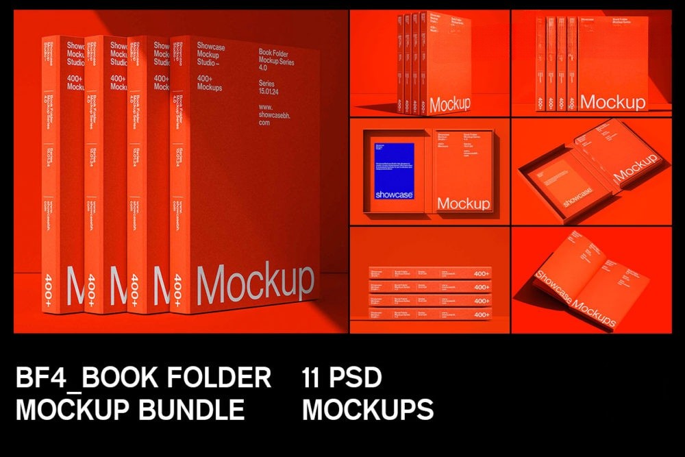 11款高级精装书籍画册硬纸板包装盒设计展示效果图PS贴图样机模板素材 BF4_Book Folder Mockup Bundle by Showcase Mockup 样机素材 sucaiwan.com