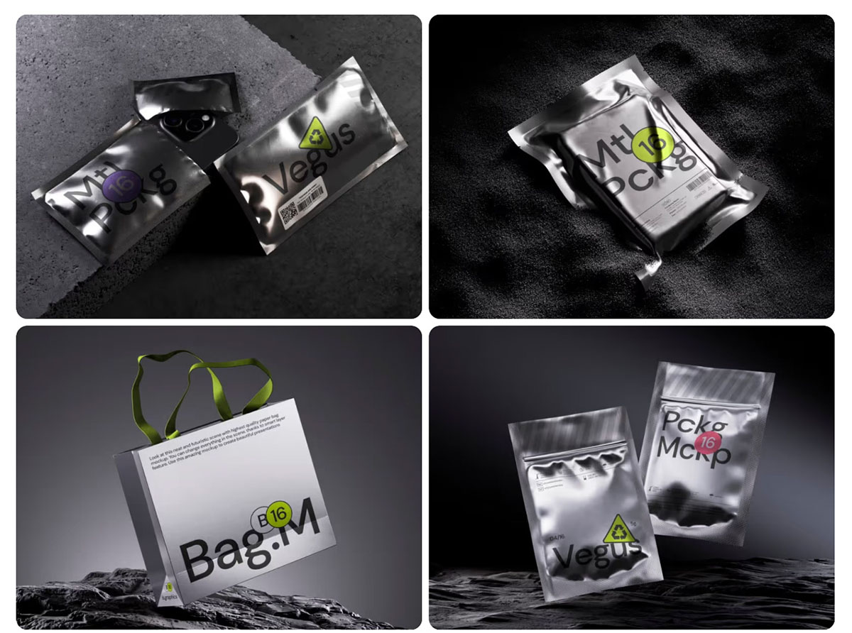 LS.GRAPHICS 16款高级黑化风金属铝箔质感包装袋包装盒展示效果图PSD贴图样机模板素材 Vegus, Metallic Package Mockups 样机素材 sucaiwan.com