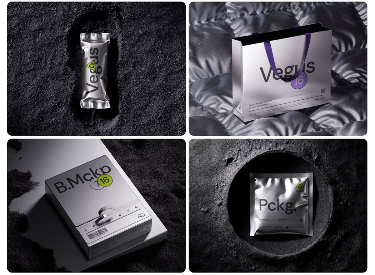 LS.GRAPHICS 16款高级黑化风金属铝箔质感包装袋包装盒展示效果图PSD贴图样机模板素材 Vegus, Metallic Package Mockups 样机素材 sucaiwan.com