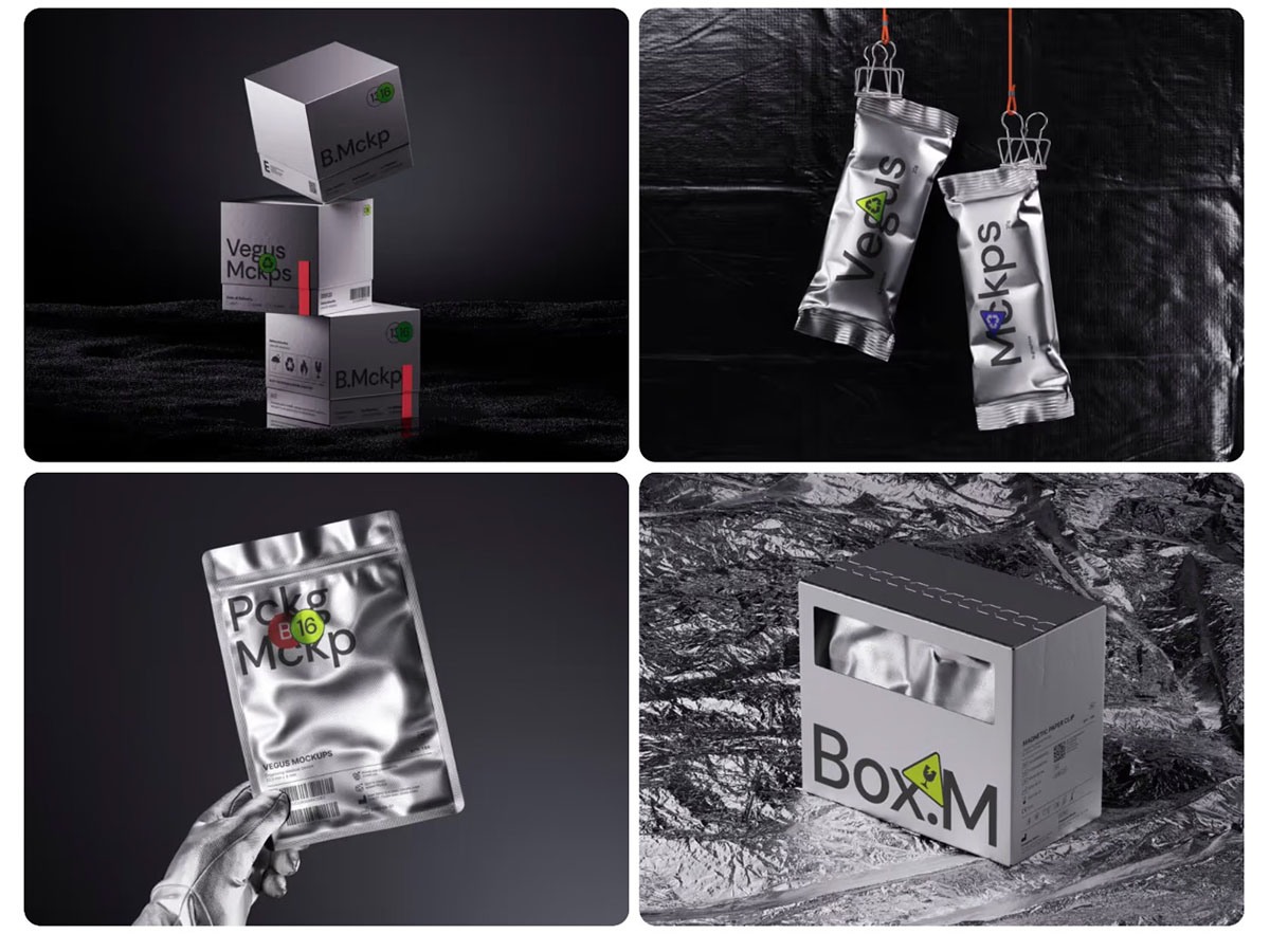 LS.GRAPHICS 16款高级黑化风金属铝箔质感包装袋包装盒展示效果图PSD贴图样机模板素材 Vegus, Metallic Package Mockups 样机素材 sucaiwan.com
